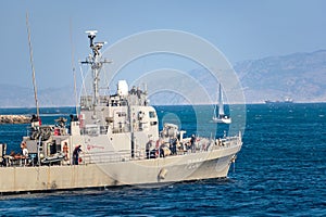 RHODES, GREECE Ã¢â¬â SEPTEMBER 21 2017: HS Ormi Ã¢â¬â Greek gunboat P230 former Asheville-class gunboats of the US Navy transferred